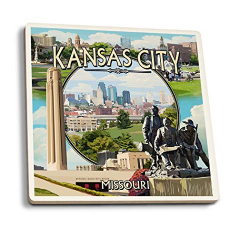 Lantern Press Kansas City Missouri Montage Scenes -Set of 4 Ceramic Coasters Cork-Backed Absorbent-