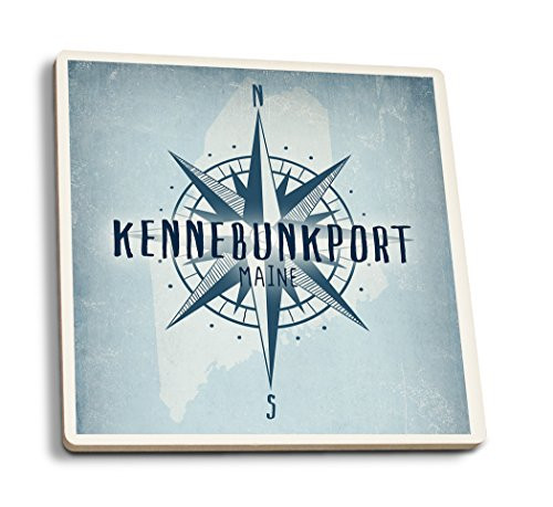 Lantern Press Kennebunkport Maine - State Outline and Compass -Set of 4 Ceramic Coasters - Cork-Backed Absorbent-