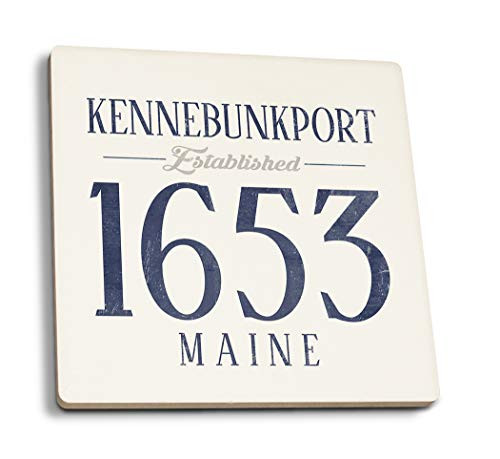 Lantern Press Kennebunkport Maine Established Date -Blue- -Set of 4 Ceramic Coasters Cork-Backed Absorbent-