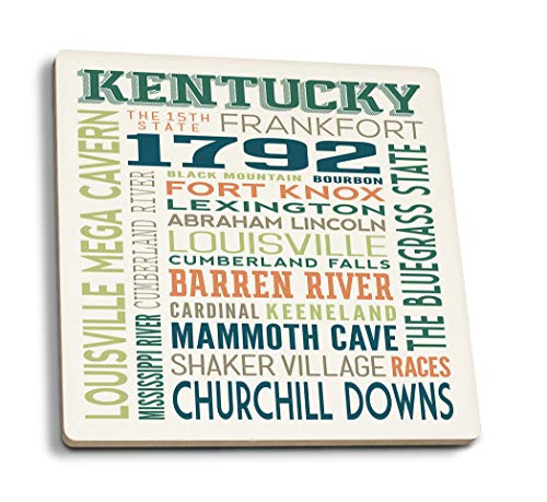 Lantern Press Kentucky Typography -Set of 4 Ceramic Coasters Cork-Backed Absorbent-