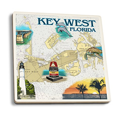 Lantern Press Key West Florida Nautical Chart -Set of 4 Ceramic Coasters Cork-Backed Absorbent-