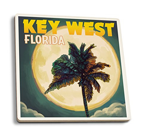 Lantern Press Key West Florida Palms and Moon -Set of 4 Ceramic Coasters Cork-Backed Absorbent-