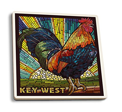 Lantern Press Key West Florida Rooster Mosaic -Set of 4 Ceramic Coasters Cork-Backed Absorbent-