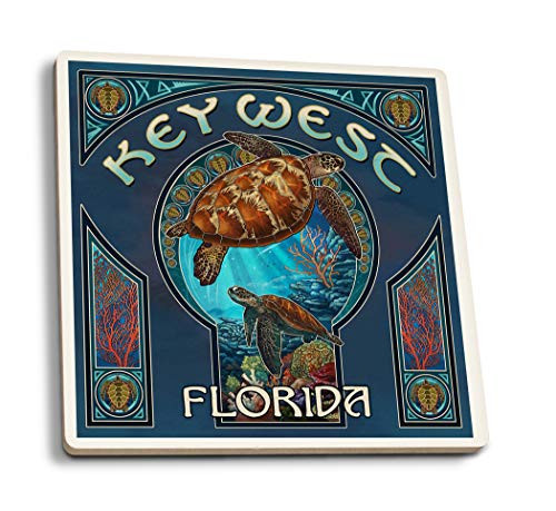 Lantern Press Key West Florida Sea Turtle Art Nouveau -Set of 4 Ceramic Coasters Cork-Backed Absorbent-