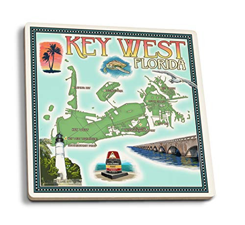 Lantern Press Key West Florida Soft Style Map -Set of 4 Ceramic Coasters Cork-Backed Absorbent-