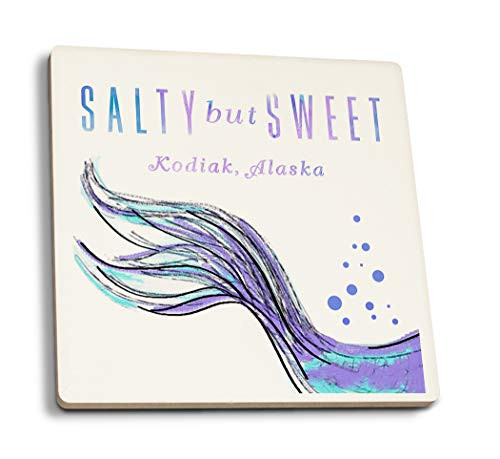 Lantern Press Kodiak Alaska Salty But Sweet Mermaid Tale -Set of 4 Ceramic Coasters Cork-Backed Absorbent-