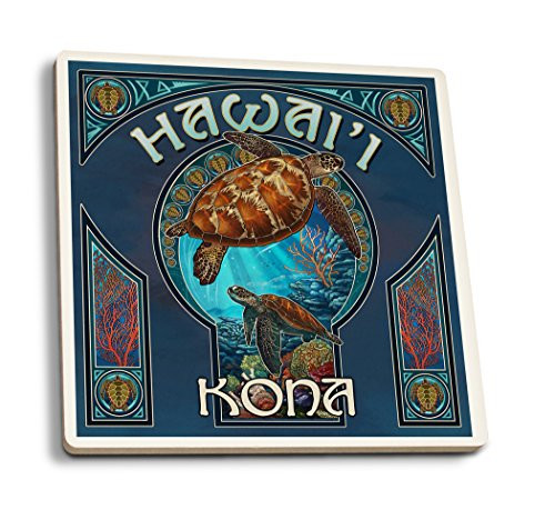 Lantern Press Kona Hawaii Sea Turtle Art Nouveau -Set of 4 Ceramic Coasters Cork-Backed Absorbent-