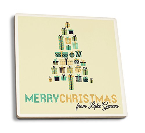 Lantern Press Lake Geneva Wisconsin - Merry Tree - Retro Christmas -Set of 4 Ceramic Coasters - Cork-Backed Absorbent-