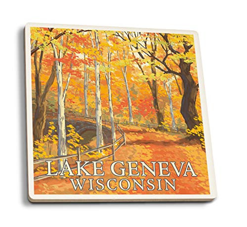 Lantern Press Lake Geneva Wisconsin Fall Colors -Set of 4 Ceramic Coasters Cork-Backed Absorbent-