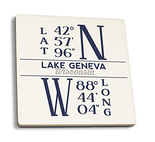 Lantern Press Lake Geneva Wisconsin Latitude and Longitude -Set of 4 Ceramic Coasters Cork-Backed Absorbent-