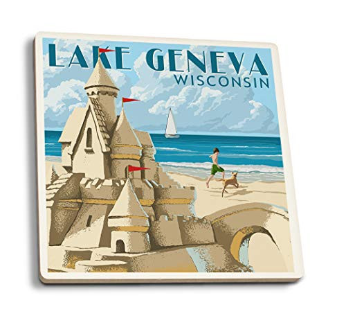 Lantern Press Lake Geneva Wisconsin Sand Castle -Set of 4 Ceramic Coasters Cork-Backed Absorbent-