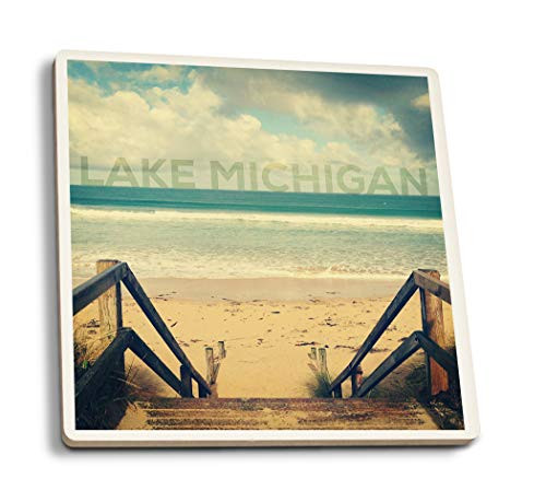 Lantern Press Lake Michigan Sandy Stairs and Beach 94395 -Set of 4 Ceramic Coasters Cork-Backed Absorbent-