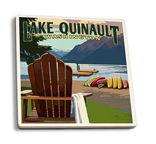 Lantern Press Lake Quinault and Adirondack Chairs Washington -Set of 4 Ceramic Coasters Cork-Backed Absorbent- Lantern Press Lake Quinault and Adirondack Chairs Washington -Set of 4 Ceramic Coasters Cork-Backed Absorbent-