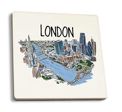 Lantern Press London England Cityscape Line Drawing -Set of 4 Ceramic Coasters Cork-Backed Absorbent-