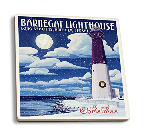 Lantern Press Long Beach Island New Jersey Barnegat Lighthouse Christmas Scene -Set of 4 Ceramic Coasters Cork-Backed Absorbent- Lantern Press Long Beach Island New Jersey Barnegat Lighthouse Christmas Scene -Set of 4 Ceramic Coasters Cork-Backed Absorbent-