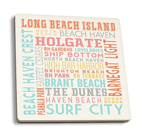 Lantern Press Long Beach Island New Jersey Typography -White- -Set of 4 Ceramic Coasters Cork-Backed Absorbent-