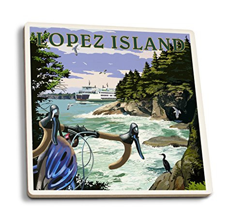 Lantern Press Lopez Island Washington Coastal Scene -Set of 4 Ceramic Coasters Cork-Backed Absorbent-