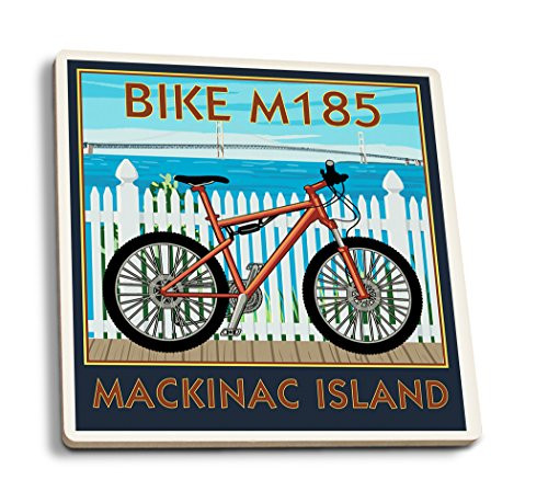 Lantern Press Mackinac Island Michigan Mountain Bike Scene -Set of 4 Ceramic Coasters Cork-Backed Absorbent-