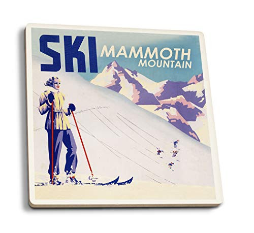 Lantern Press Mammoth Mountain California Woman Skiing Vintage Travel Poster -Set of 4 Ceramic Coasters Cork-Backed Absorbent-