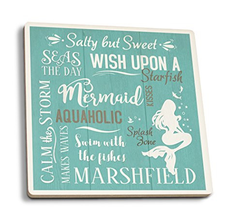 Lantern Press Marshfield Massachusetts Mermaid Typography -Set of 4 Ceramic Coasters Cork-Backed Absorbent-