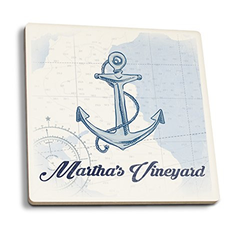 Lantern Press Martha's Vineyard Massachusetts Anchor Blue Coastal Icon -Set of 4 Ceramic Coasters Cork-Backed Absorbent-