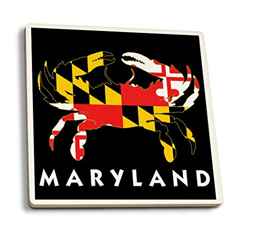 Lantern Press Maryland Crab Flag -Black with White Text- -Set of 4 Ceramic Coasters Cork-Backed Absorbent-