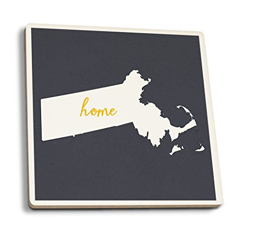 Lantern Press Massachusetts Home State White on Gray -Set of 4 Ceramic Coasters Cork-Backed Absorbent-