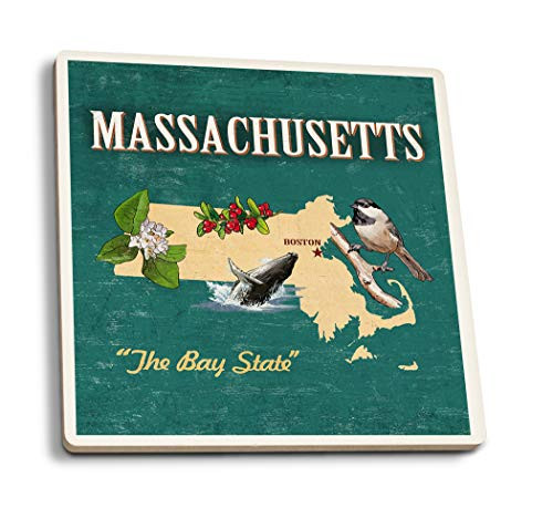 Lantern Press Massachusetts State Icons -Set of 4 Ceramic Coasters Cork-Backed Absorbent-