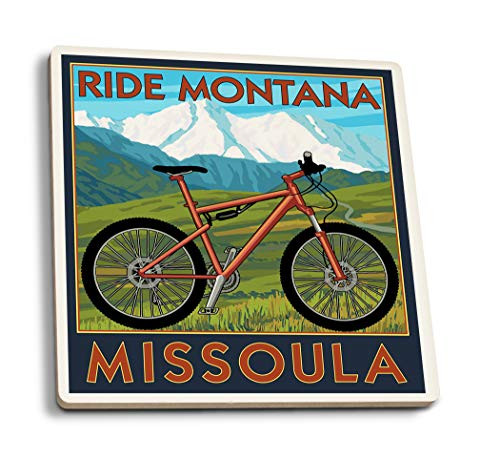 Lantern Press Missoula Montana Mountain Bike Scene -Set of 4 Ceramic Coasters Cork-Backed Absorbent-