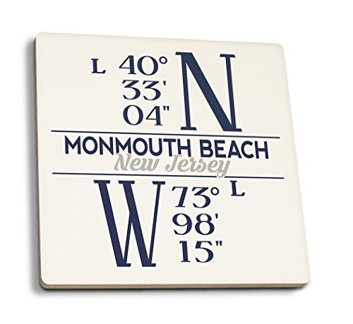 Lantern Press Monmouth Beach New Jersey Latitude and Longitude -Blue- -Set of 4 Ceramic Coasters Cork-Backed Absorbent-