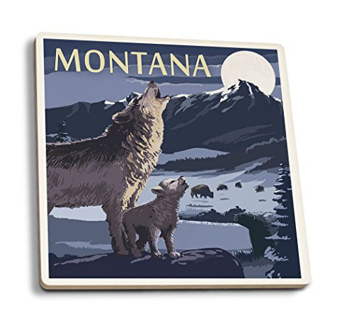 Lantern Press Montana Valley Scene at Night with Wolves -Set of 4 Ceramic Coasters Cork-Backed Absorbent-