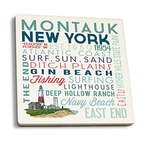 Lantern Press Montauk New York Typography -Set of 4 Ceramic Coasters Cork-Backed Absorbent-
