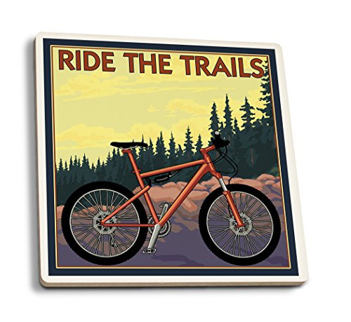 Lantern Press Mountain Bike Scene -Set of 4 Ceramic Coasters Cork-Backed Absorbent-
