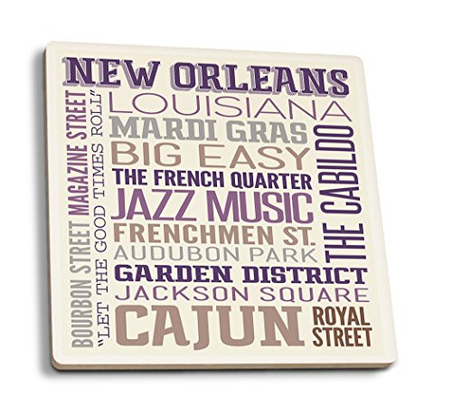 Lantern Press New Orleans Louisiana Typography 72426 -Set of 4 Ceramic Coasters Cork-Backed Absorbent-