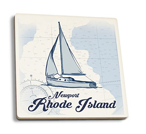Lantern Press Newport Rhode Island Sailboat Blue Coastal Icon -Set of 4 Ceramic Coasters Cork-Backed Absorbent-