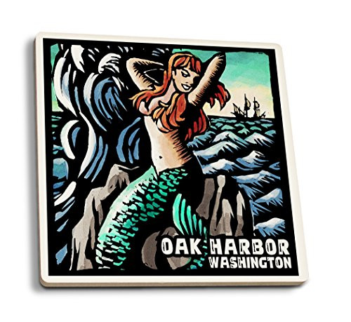 Lantern Press Oak Harbor Washington Mermaid Scratchboard -Set of 4 Ceramic Coasters Cork-Backed Absorbent- Lantern Press Oak Harbor Washington Mermaid Scratchboard -Set of 4 Ceramic Coasters Cork-Backed Absorbent-