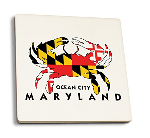Lantern Press Ocean City Maryland Crab Flag -Set of 4 Ceramic Coasters Cork-Backed Absorbent-