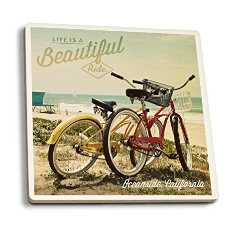 Lantern Press Oceanside California Life is A Beautiful Ride Beach Cruisers -Set of 4 Ceramic Coasters Cork-Backed Absorbent-