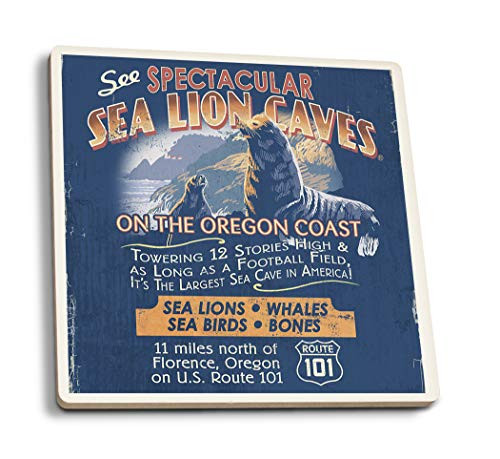 Lantern Press Oregon Coast Sea Lion Caves Vintage Sign 105304 -Set of 4 Ceramic Coasters Cork-Backed Absorbent-
