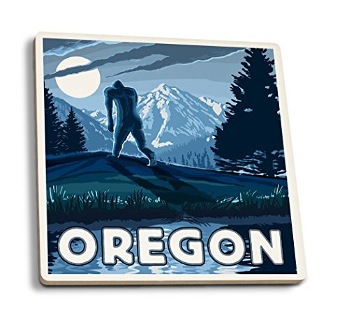 Lantern Press Oregon Bigfoot and Mountain -Set of 4 Ceramic Coasters Cork-Backed Absorbent-