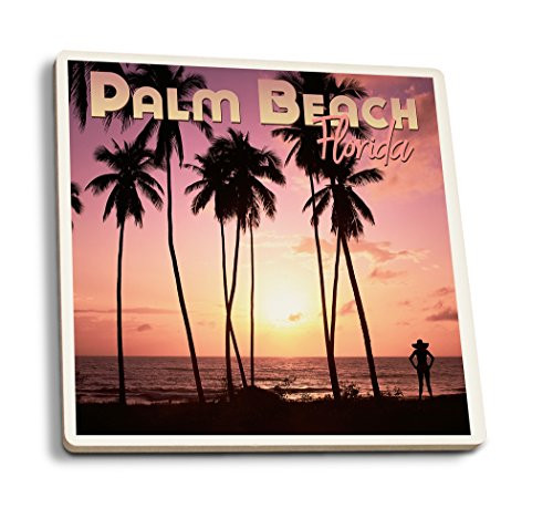 Lantern Press Palm Beach Florida Beach Scene Palm Trees and Sunset -Set of 4 Ceramic Coasters Cork-Backed Absorbent-