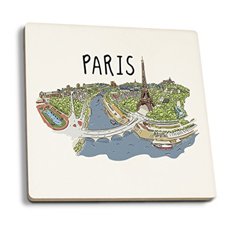 Lantern Press Paris France Cityscape Line Drawing -Set of 4 Ceramic Coasters Cork-Backed Absorbent-