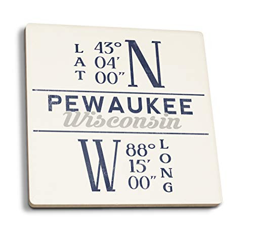 Lantern Press Pewaukee Wisconsin Latitude and Longitude -Set of 4 Ceramic Coasters Cork-Backed Absorbent-