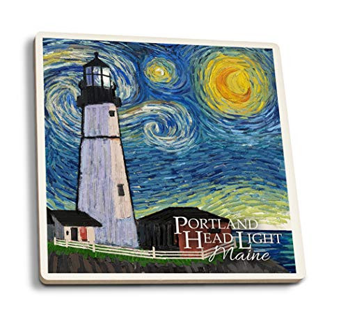 Lantern Press Portland Head Lighthouse Maine Starry Night 96996 -Set of 4 Ceramic Coasters Cork-Backed Absorbent-