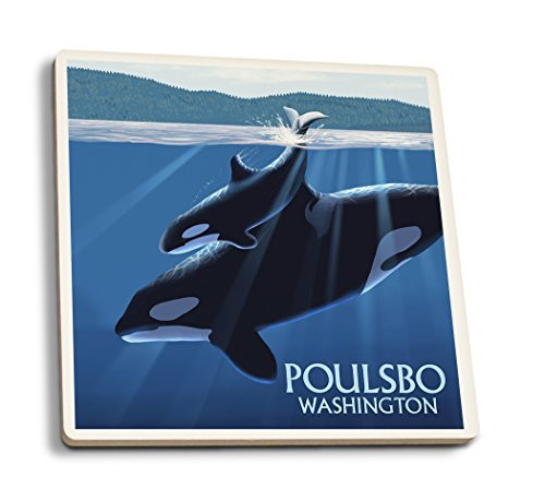 Lantern Press Poulsbo Washington Orca and Calf -Set of 4 Ceramic Coasters Cork-Backed Absorbent-