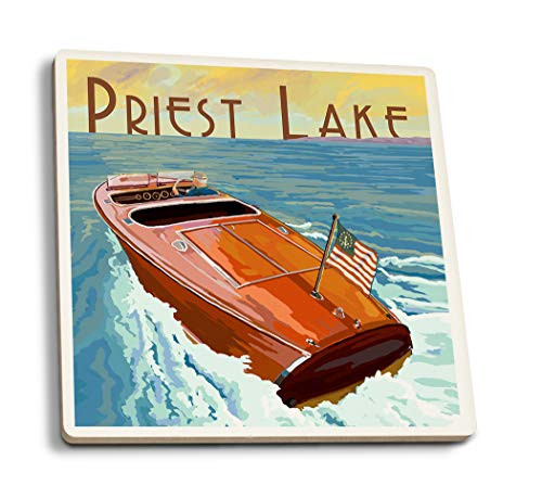 Lantern Press Priest Lake Idaho Wooden Boat -Set of 4 Ceramic Coasters Cork-Backed Absorbent- Lantern Press Priest Lake Idaho Wooden Boat -Set of 4 Ceramic Coasters Cork-Backed Absorbent-
