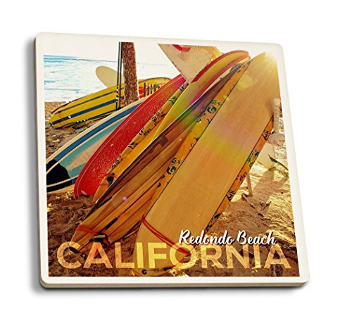 Lantern Press Redondo Beach California - Surfboards -Set of 4 Ceramic Coasters - Cork-Backed Absorbent-