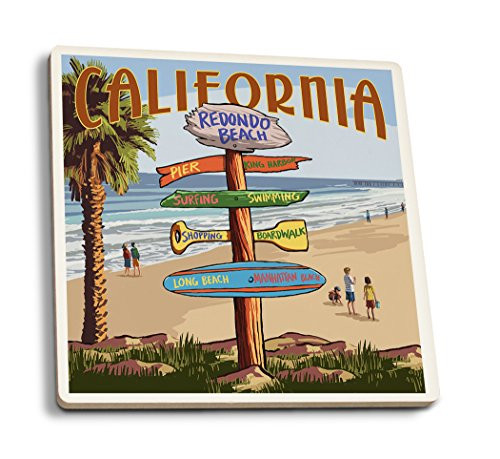 Lantern Press Redondo Beach California Destinations Sign -Set of 4 Ceramic Coasters Cork-Backed Absorbent-