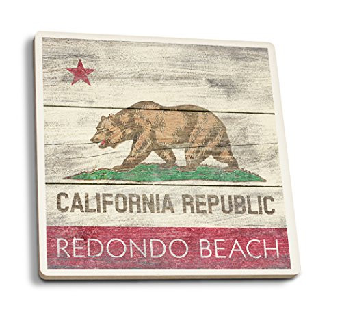 Lantern Press Redondo Beach California Rustic California State Flag -Set of 4 Ceramic Coasters Cork-Backed Absorbent-