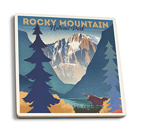 Lantern Press Rocky Mountain National Park Colorado Moose and Lake Lithograph 88768 -Set of 4 Ceramic Coasters Cork-Backed Absorbent- Lantern Press Rocky Mountain National Park Colorado Moose and Lake Lithograph 88768 -Set of 4 Ceramic Coasters Cork-Backed Absorbent-
